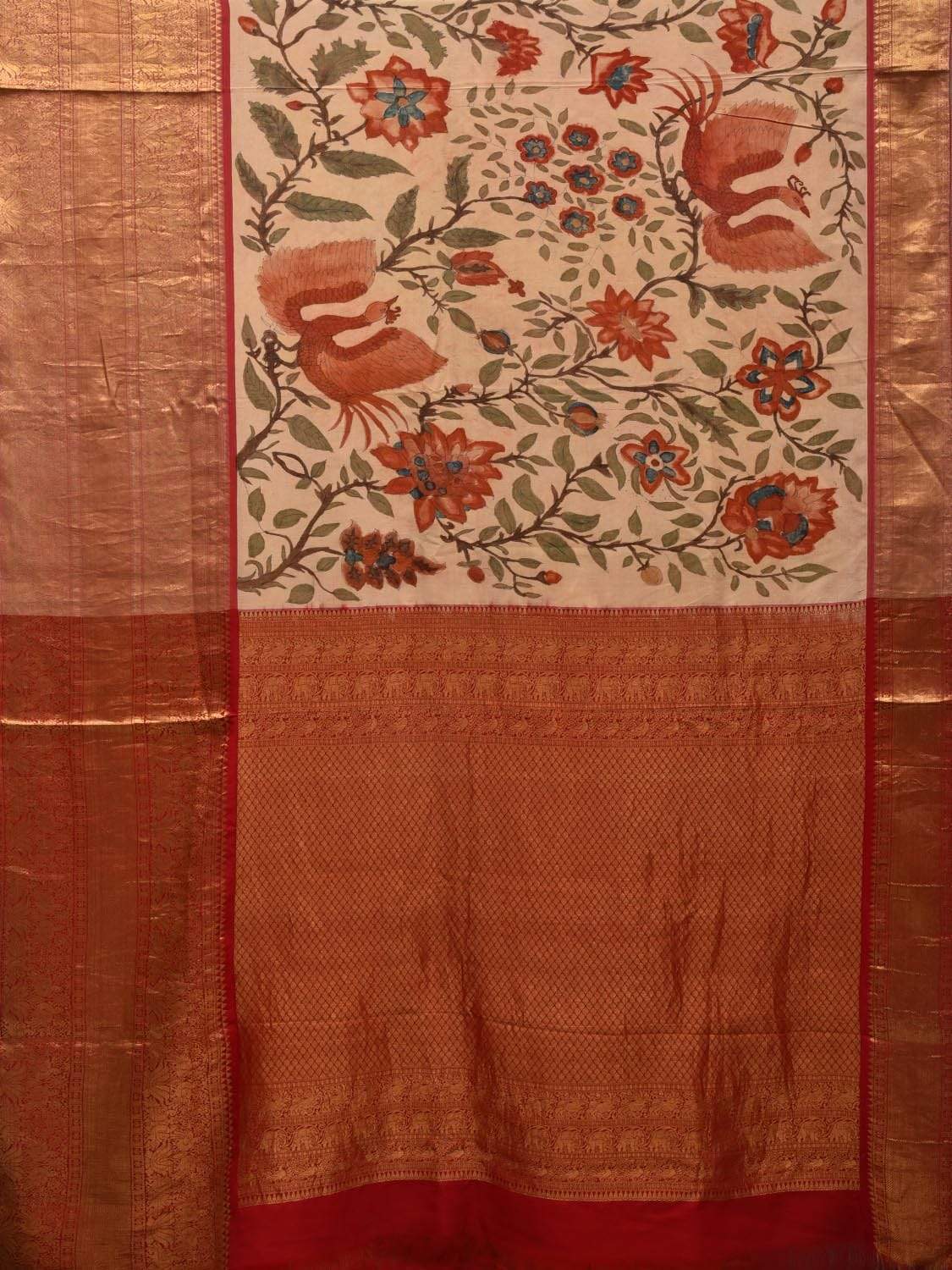 Cream and Red Kalamkari Hand Painted Kanchipuram Silk Handloom Saree with Floral and Peacocks Design KL0567