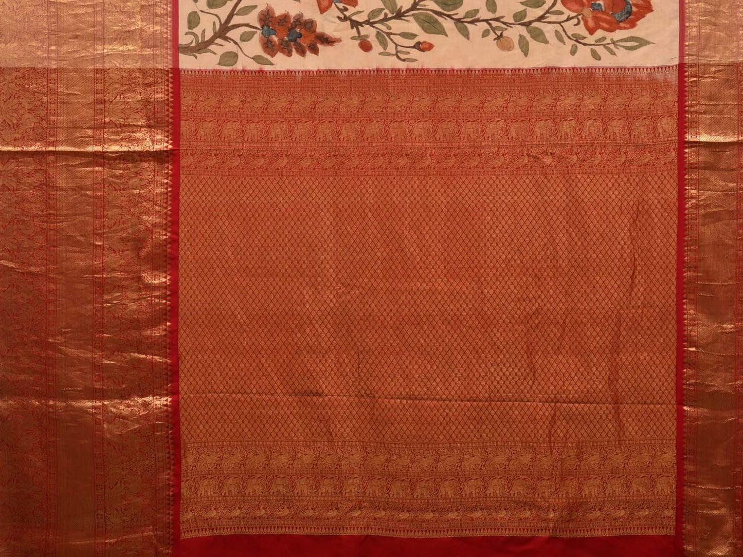 Cream and Red Kalamkari Hand Painted Kanchipuram Silk Handloom Saree with Floral and Peacocks Design KL0567