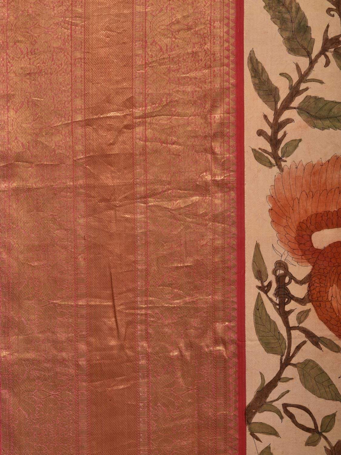Cream and Red Kalamkari Hand Painted Kanchipuram Silk Handloom Saree with Floral and Peacocks Design KL0567