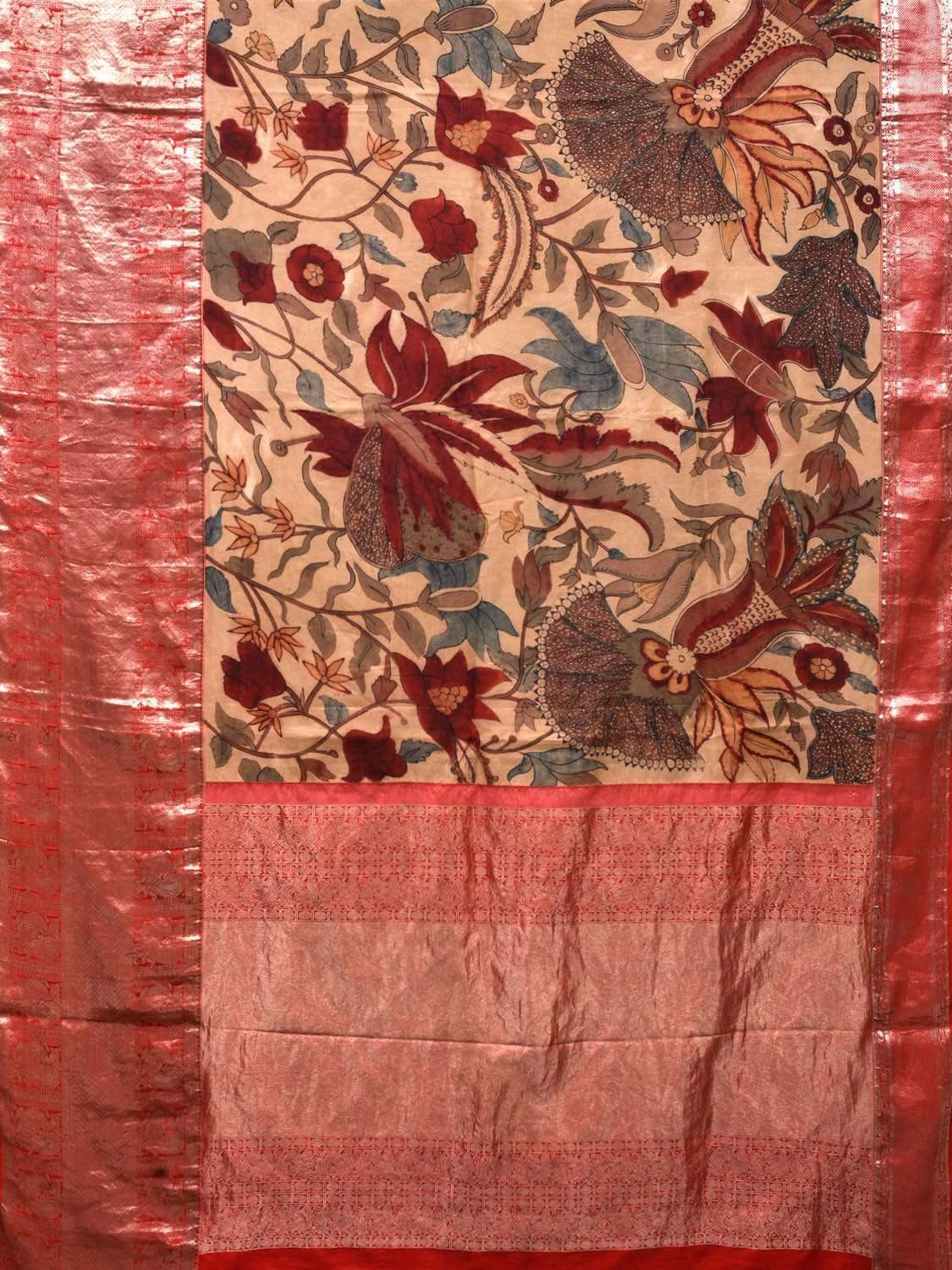 Cream and Red Kalamkari Hand Painted Kanchipuram Silk Handloom Saree with Floral Design KL0521