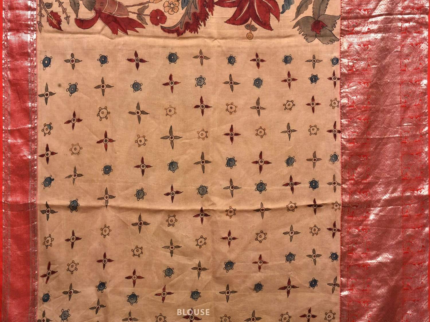 Cream and Red Kalamkari Hand Painted Kanchipuram Silk Handloom Saree with Floral Design KL0521