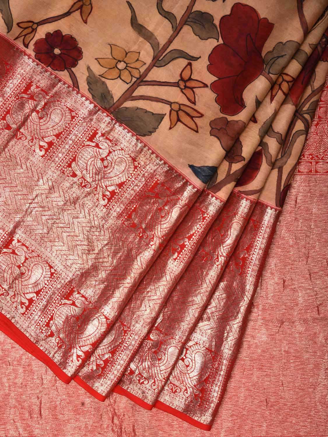 Cream and Red Kalamkari Hand Painted Kanchipuram Silk Handloom Saree with Floral Design KL0521