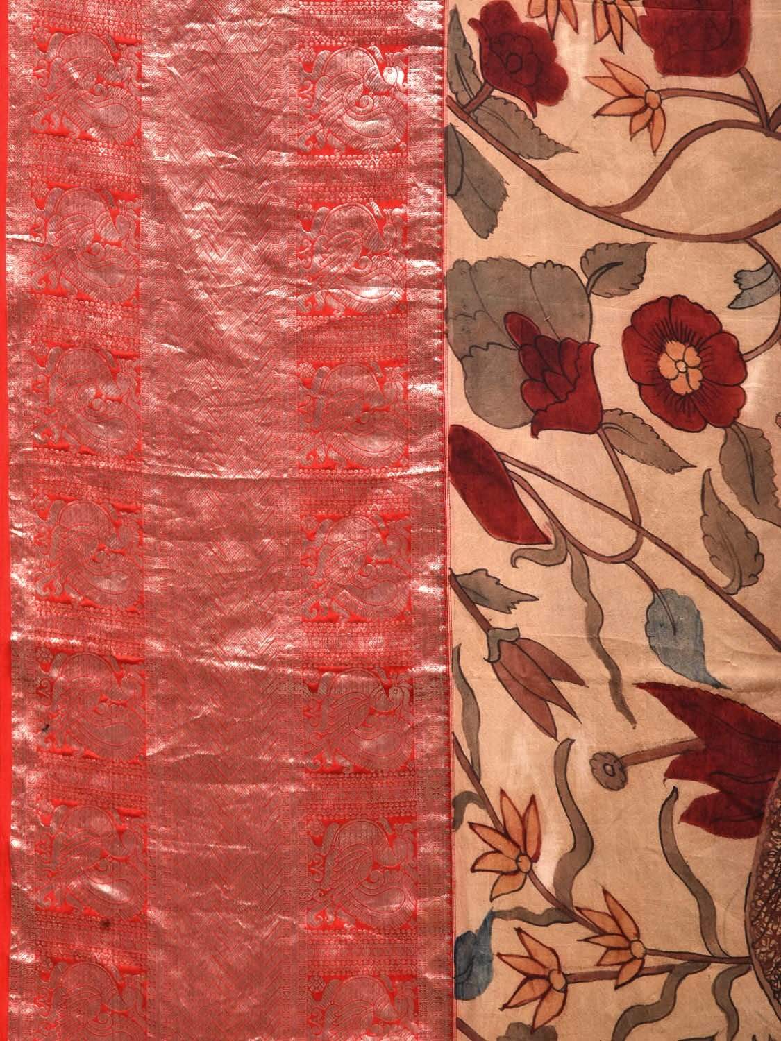 Cream and Red Kalamkari Hand Painted Kanchipuram Silk Handloom Saree with Floral Design KL0521