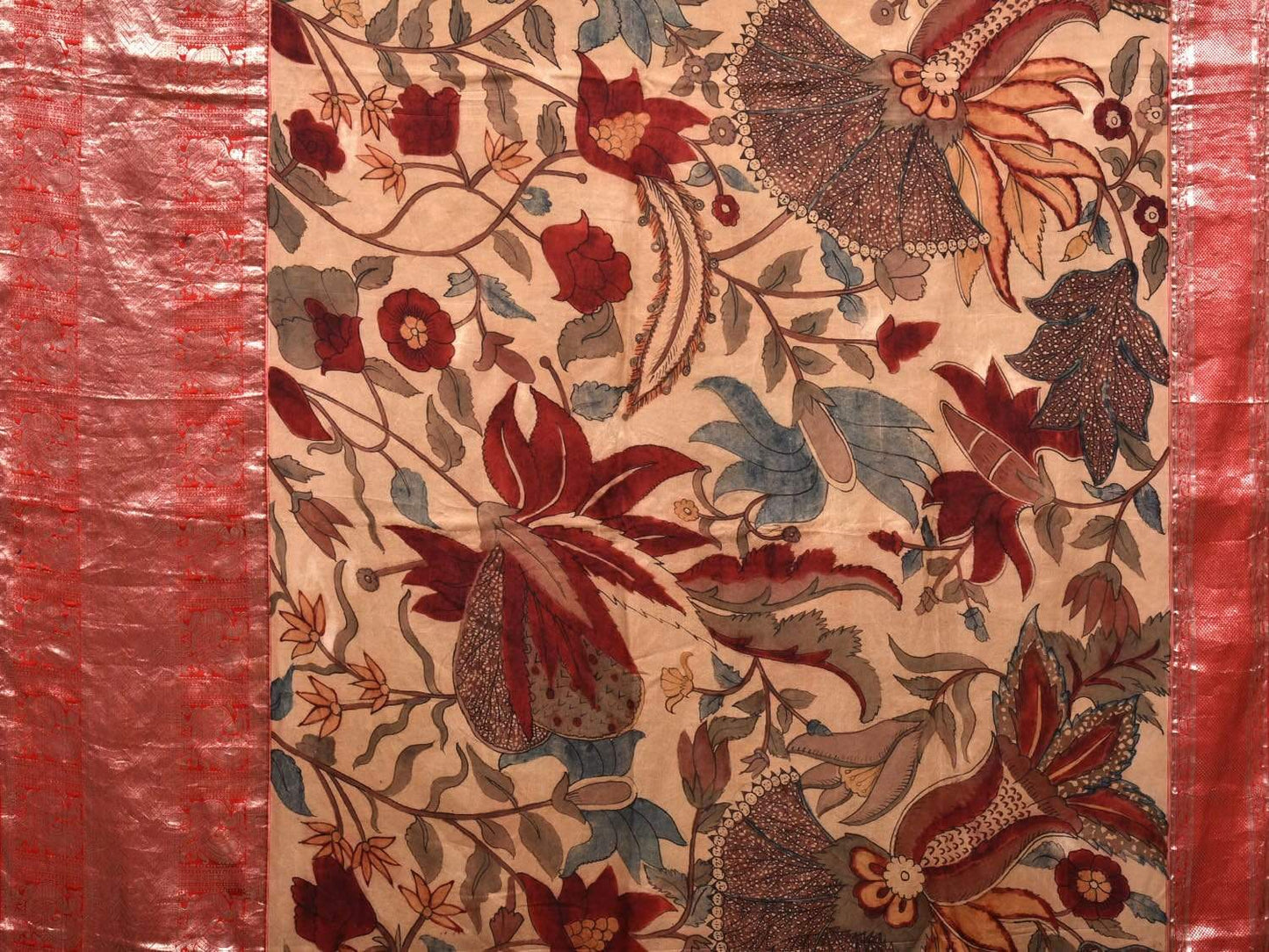 Cream and Red Kalamkari Hand Painted Kanchipuram Silk Handloom Saree with Floral Design KL0521