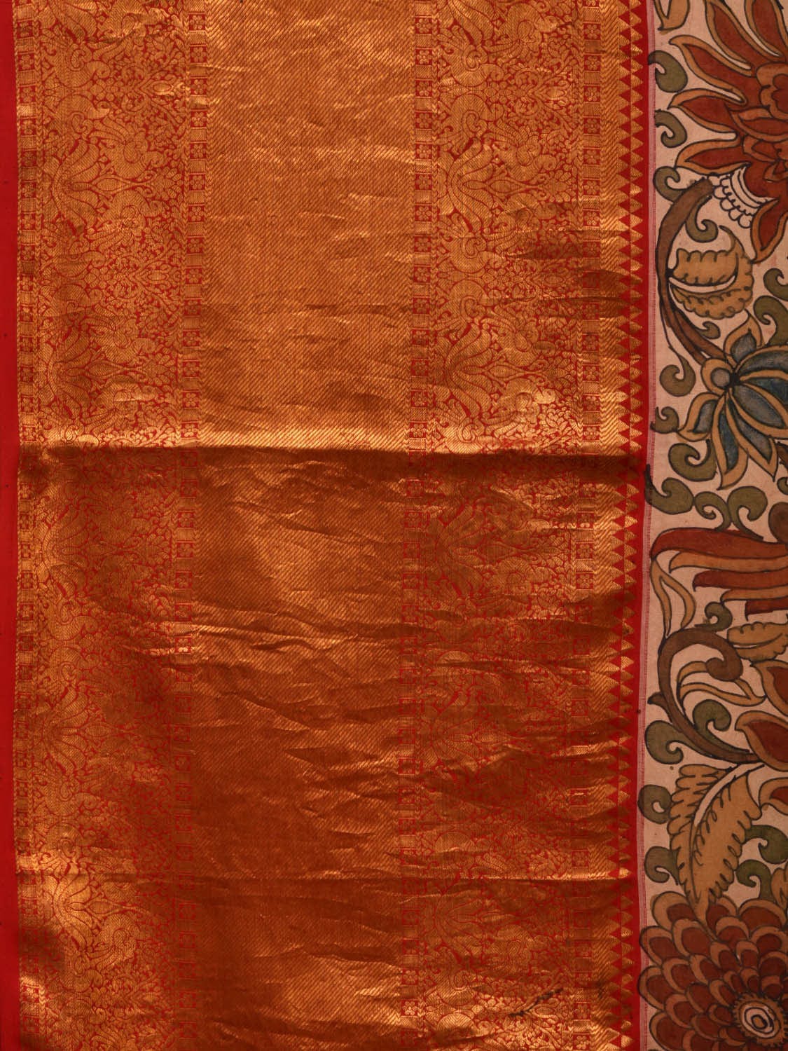 Cream and Red Kalamkari Hand Painted Kanchipuram Silk Handloom Saree with Floral Design KL0660