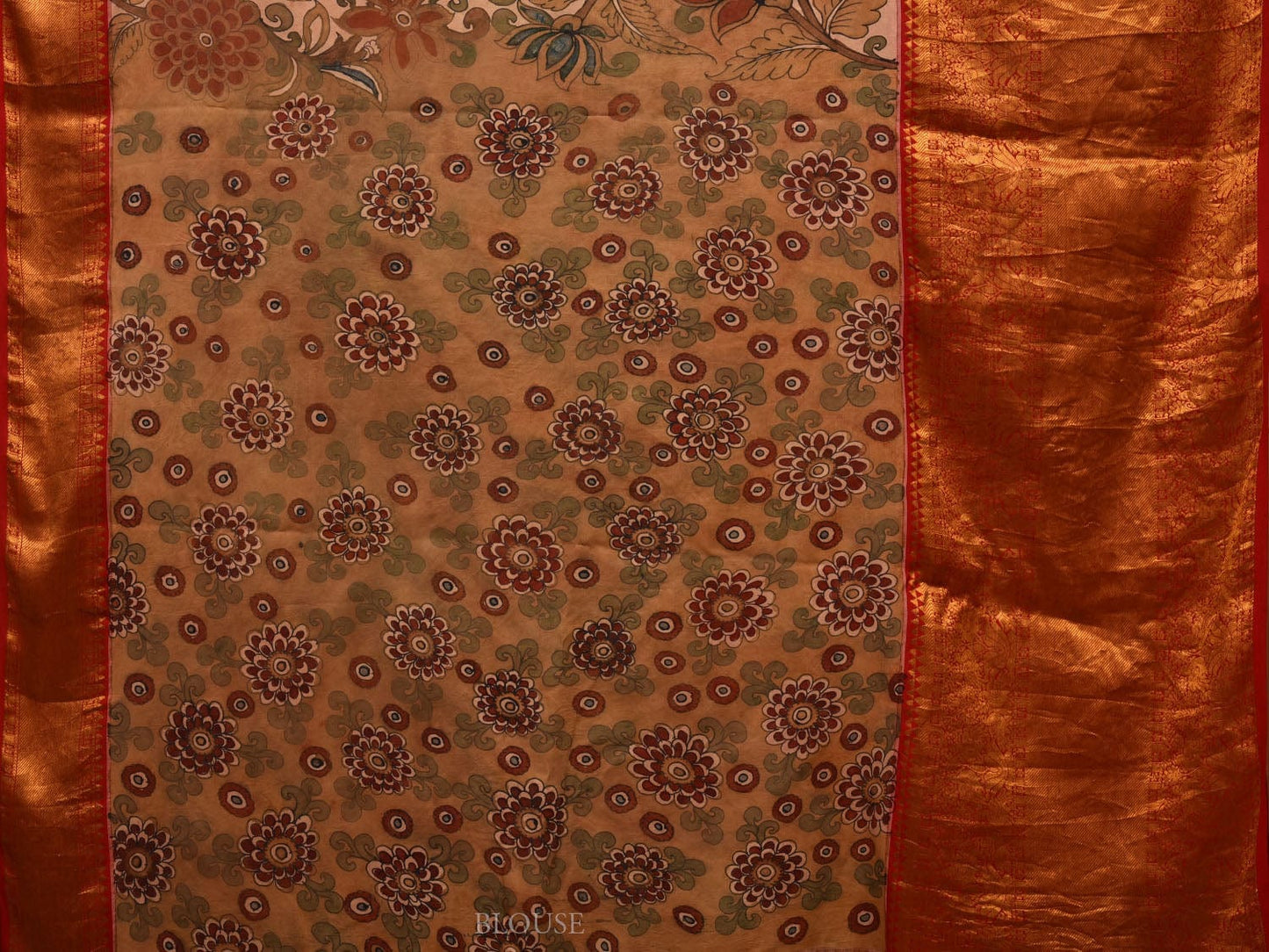 Cream and Red Kalamkari Hand Painted Kanchipuram Silk Handloom Saree with Floral Design KL0660