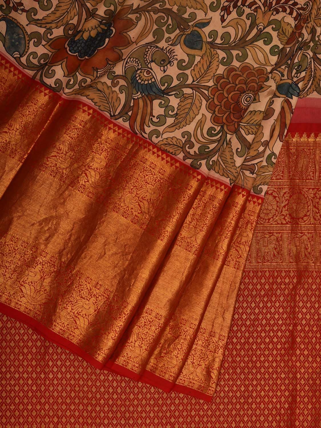 Cream and Red Kalamkari Hand Painted Kanchipuram Silk Handloom Saree with Floral Design KL0660