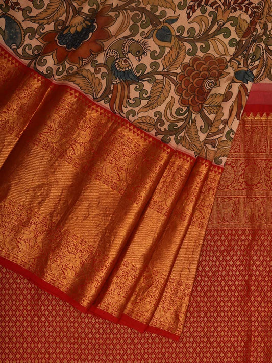Cream and Red Kalamkari Hand Painted Kanchipuram Silk Handloom Saree with Floral Design KL0660