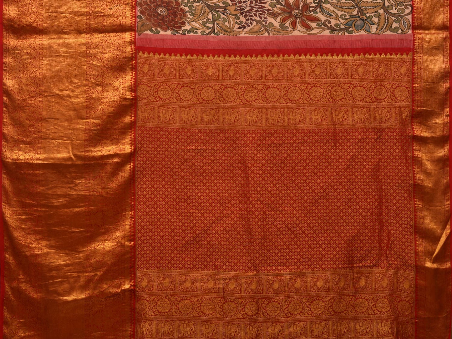 Cream and Red Kalamkari Hand Painted Kanchipuram Silk Handloom Saree with Floral Design KL0660