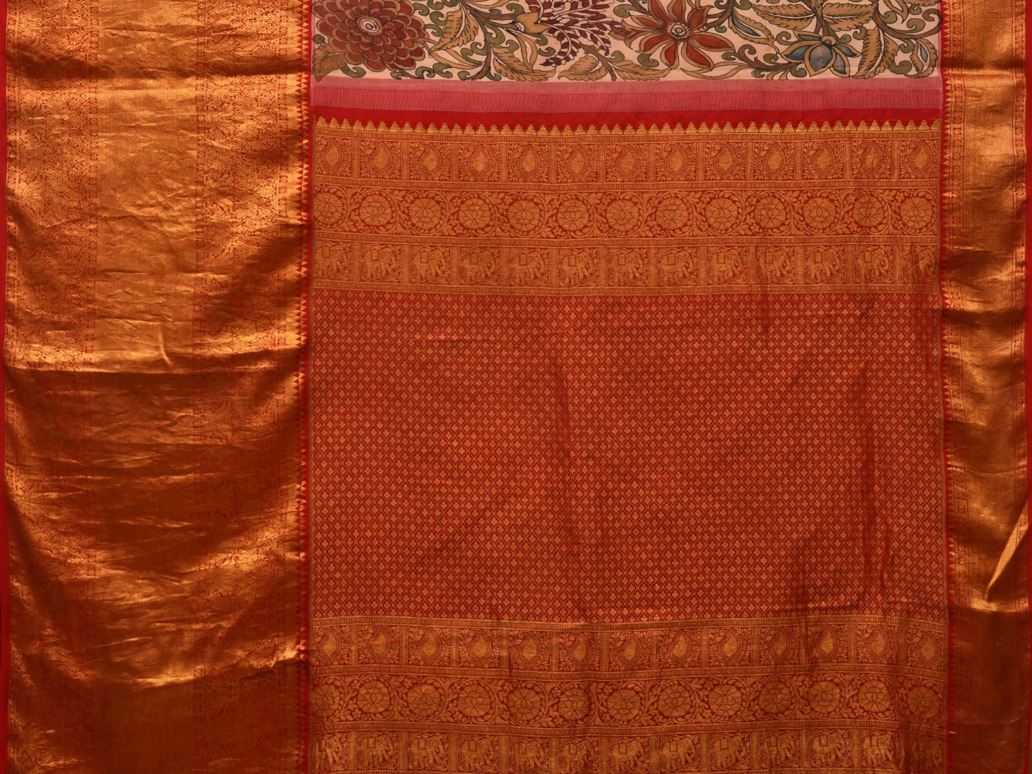 Cream and Red Kalamkari Hand Painted Kanchipuram Silk Handloom Saree with Floral Design KL0660