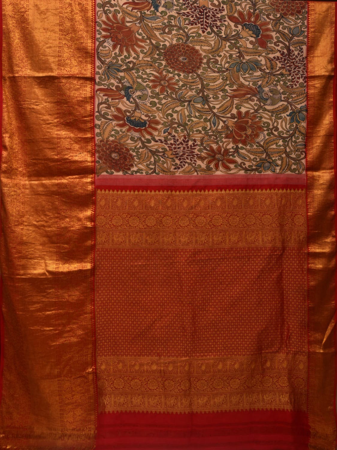 Cream and Red Kalamkari Hand Painted Kanchipuram Silk Handloom Saree with Floral Design KL0660