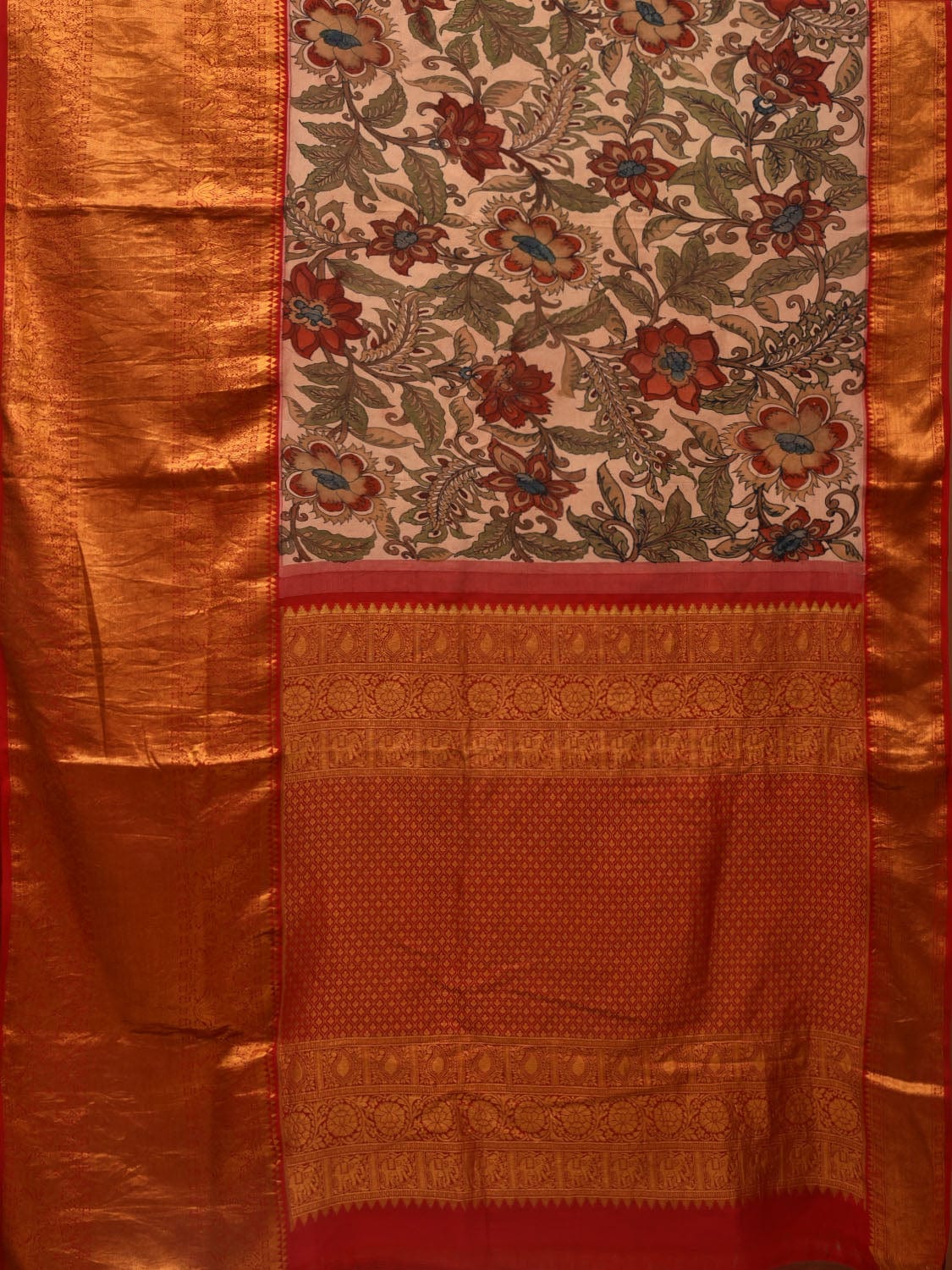 Cream and Red Kalamkari Hand Painted Kanchipuram Silk Handloom Saree with Floral Design KL0662
