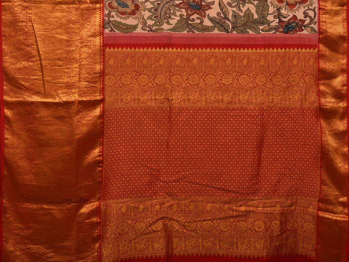 Cream and Red Kalamkari Hand Painted Kanchipuram Silk Handloom Saree with Floral Design KL0662