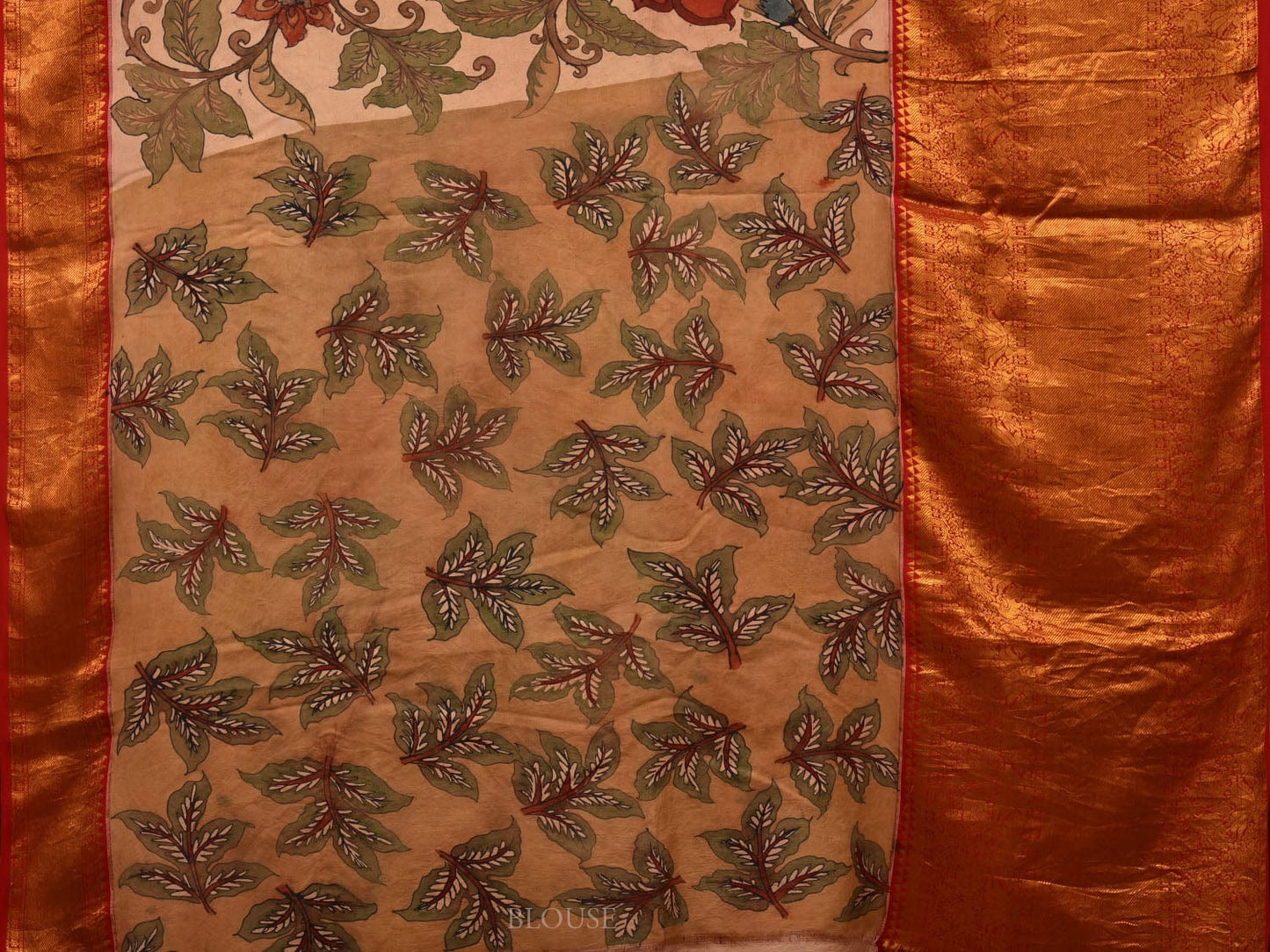 Cream and Red Kalamkari Hand Painted Kanchipuram Silk Handloom Saree with Floral Design KL0662