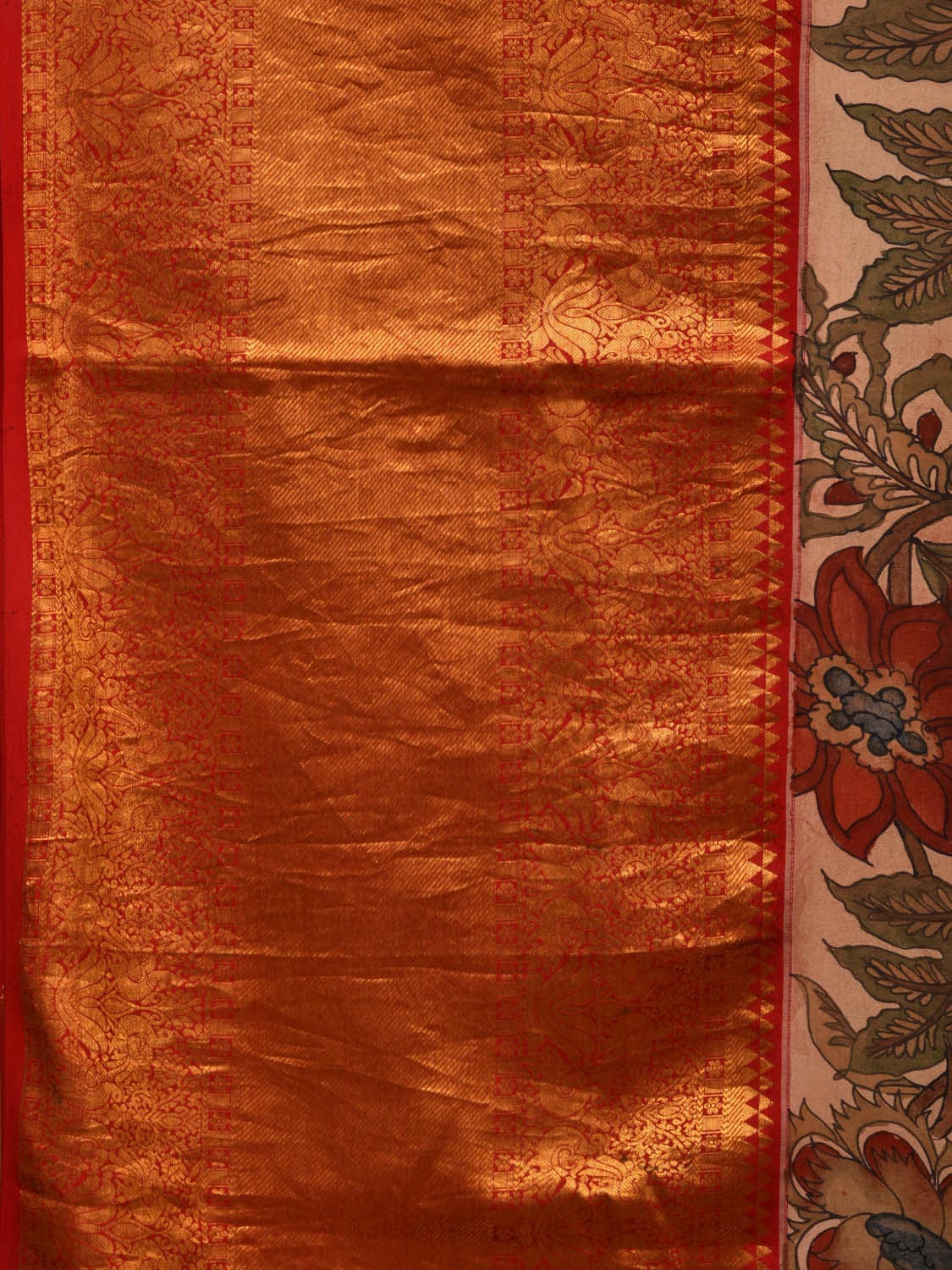 Cream and Red Kalamkari Hand Painted Kanchipuram Silk Handloom Saree with Floral Design KL0662