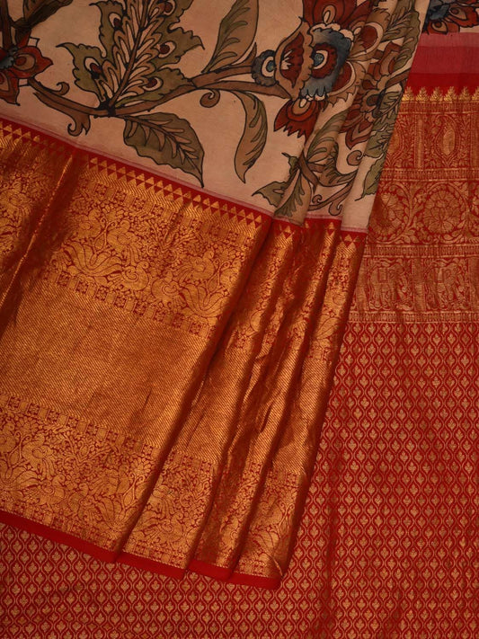 Cream and Red Kalamkari Hand Painted Kanchipuram Silk Handloom Saree with Floral Design KL0662
