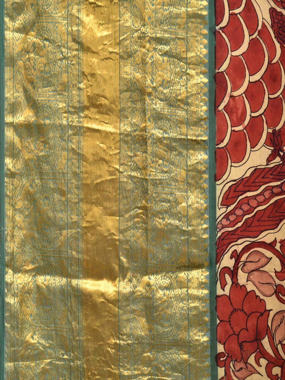 Cream and Red Kalamkari Hand Painted Kanchipuram Silk Handloom Saree with Flowers and Parrots Design KL0438