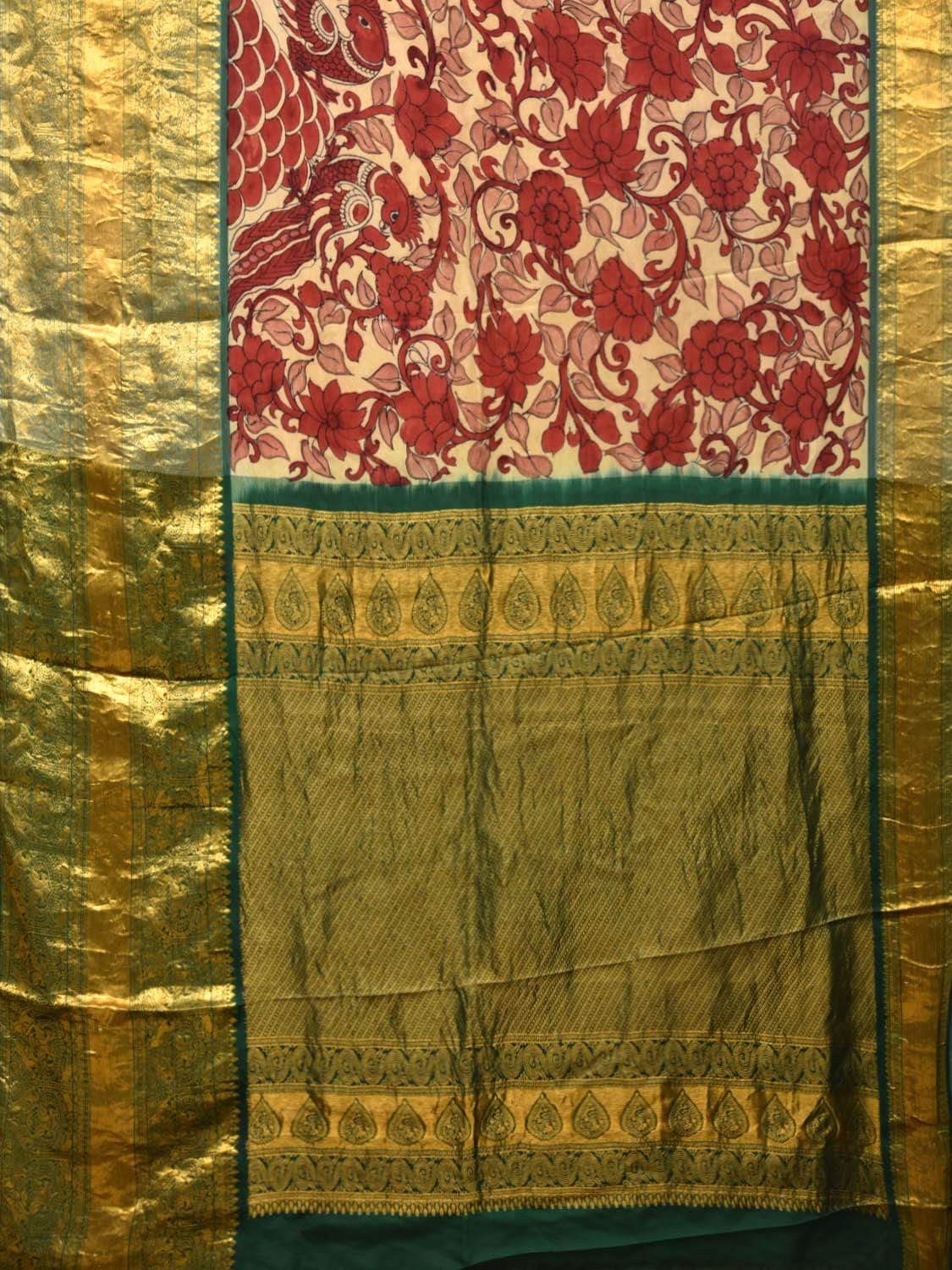 Cream and Red Kalamkari Hand Painted Kanchipuram Silk Handloom Saree with Flowers and Parrots Design KL0438