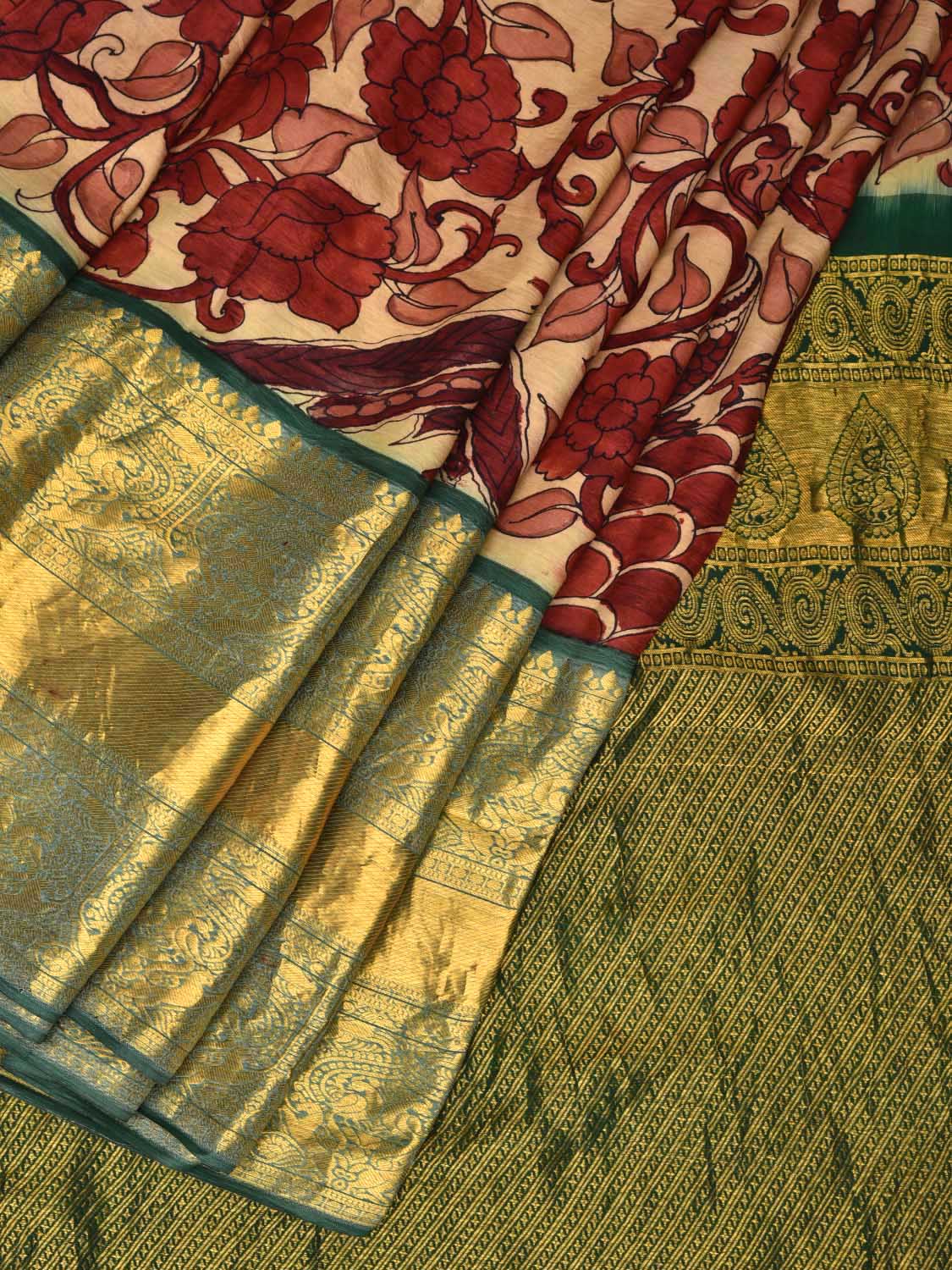 Cream and Red Kalamkari Hand Painted Kanchipuram Silk Handloom Saree with Flowers and Parrots Design KL0438