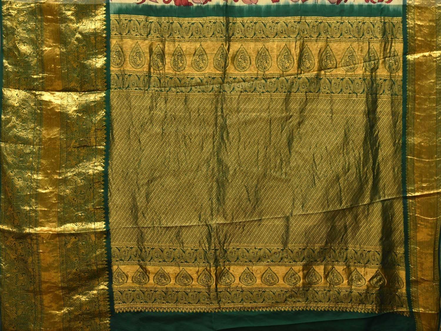 Cream and Red Kalamkari Hand Painted Kanchipuram Silk Handloom Saree with Flowers and Parrots Design KL0438