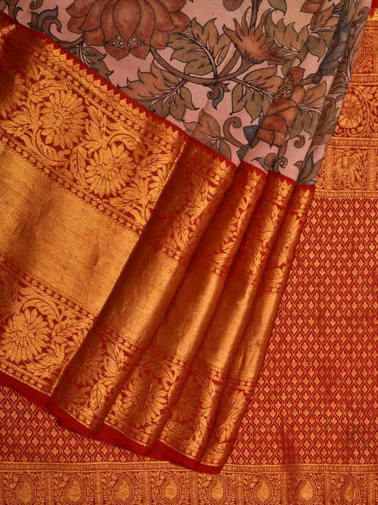 Cream and Red Kalamkari Hand Painted Kanchipuram Silk Handloom Saree with Lotus Flowers Design KL0644
