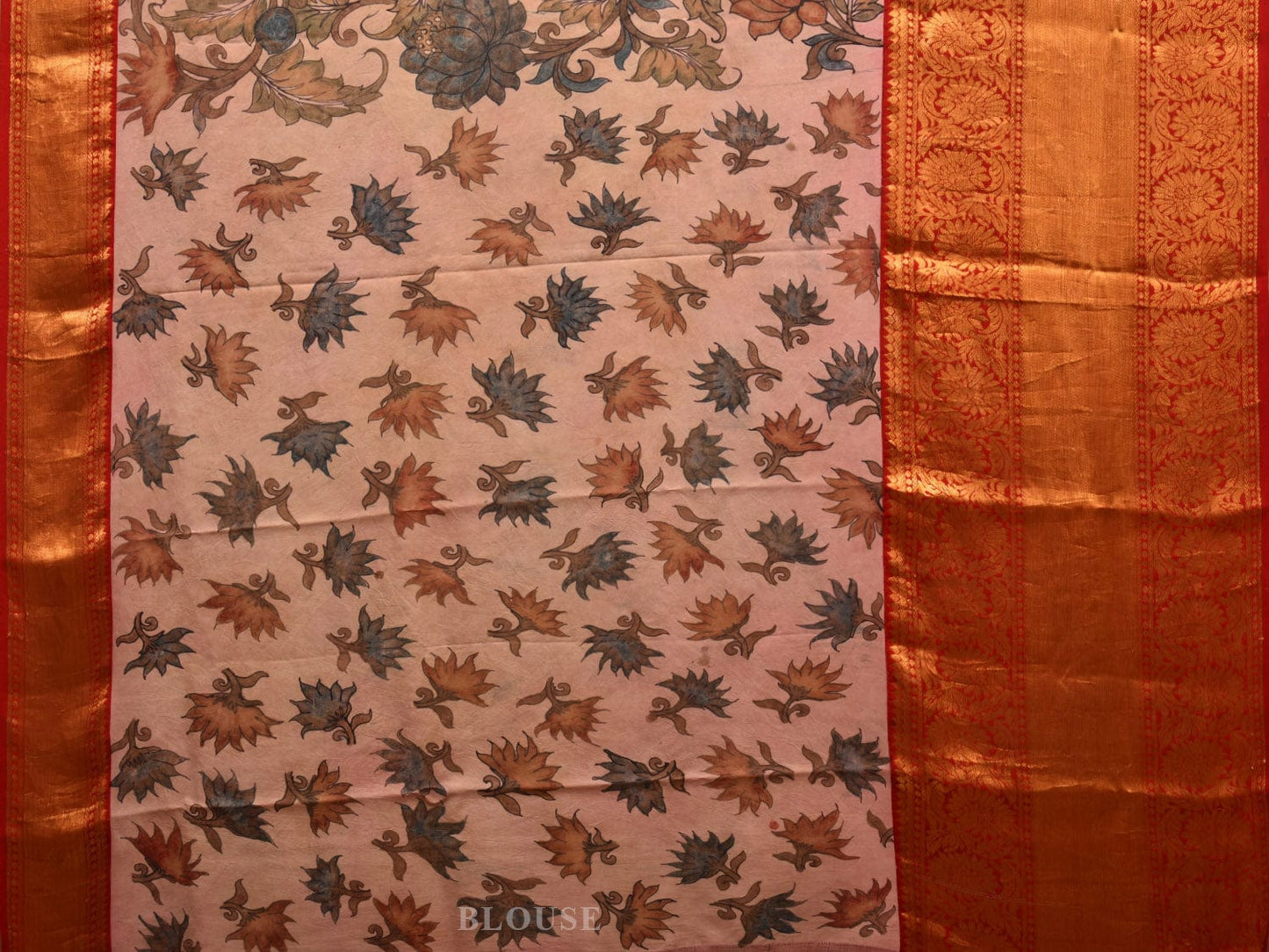 Cream and Red Kalamkari Hand Painted Kanchipuram Silk Handloom Saree with Lotus Flowers Design KL0644