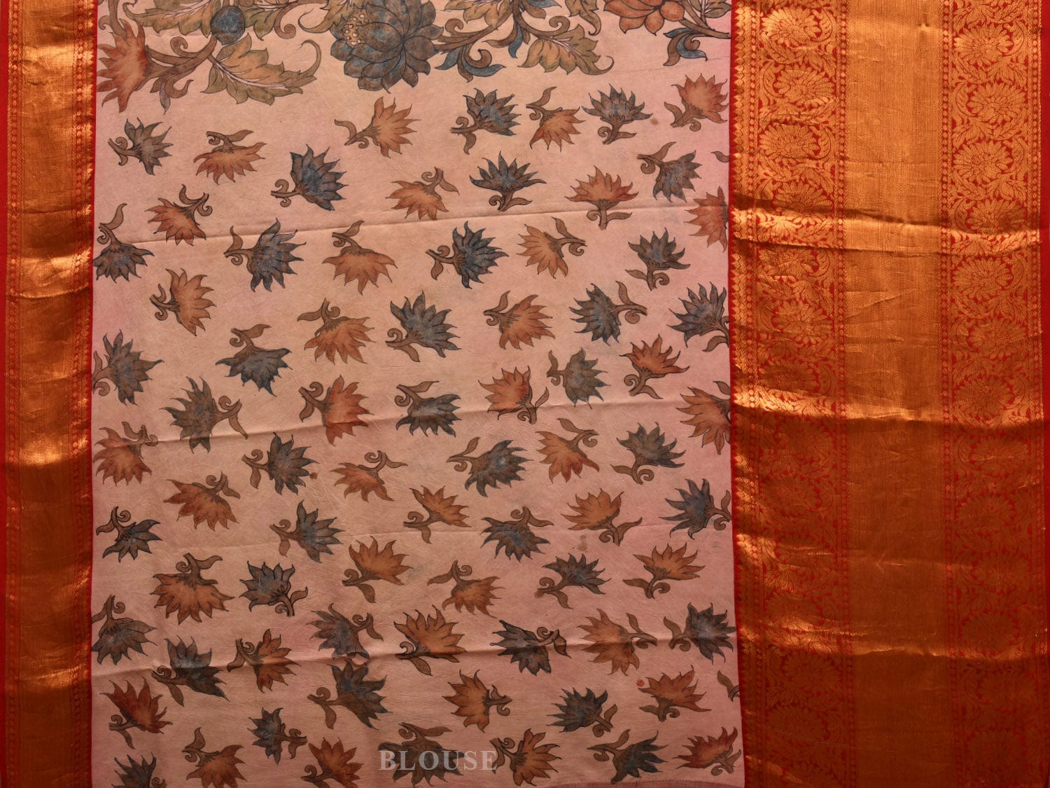 Cream and Red Kalamkari Hand Painted Kanchipuram Silk Handloom Saree with Lotus Flowers Design KL0644