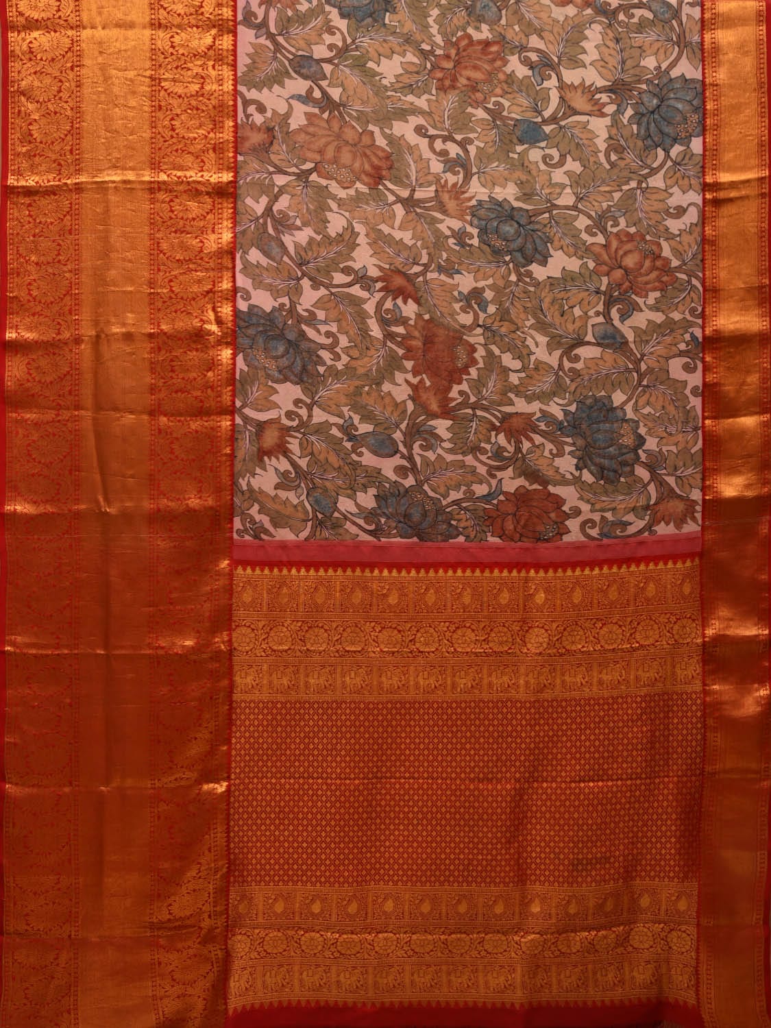 Cream and Red Kalamkari Hand Painted Kanchipuram Silk Handloom Saree with Lotus Flowers Design KL0644