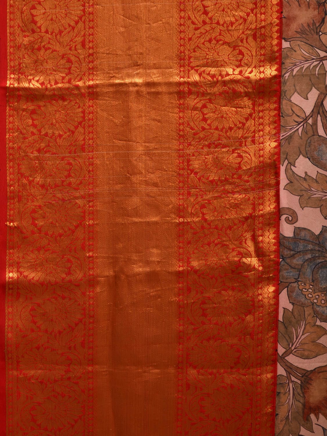 Cream and Red Kalamkari Hand Painted Kanchipuram Silk Handloom Saree with Lotus Flowers Design KL0644