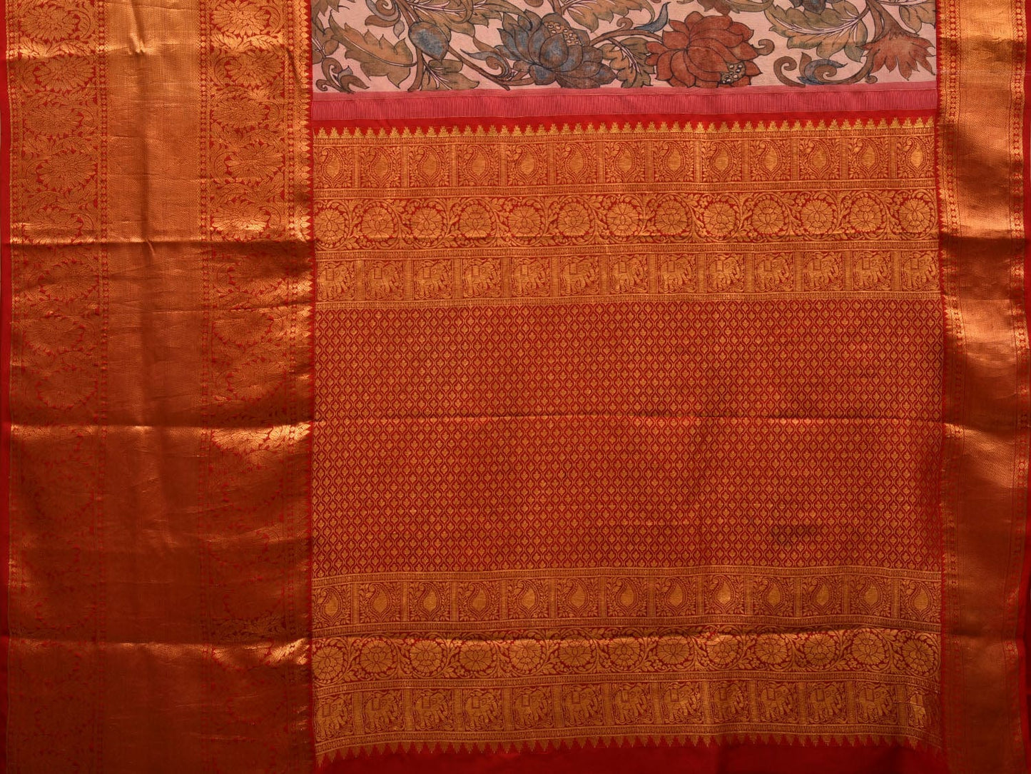 Cream and Red Kalamkari Hand Painted Kanchipuram Silk Handloom Saree with Lotus Flowers Design KL0644