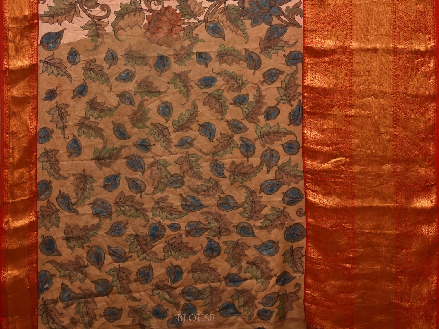 Cream and Red Kalamkari Hand Painted Kanchipuram Silk Handloom Saree with Lotus Flowers Design KL0668