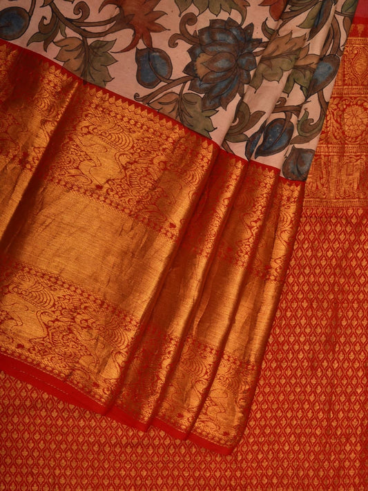 Cream and Red Kalamkari Hand Painted Kanchipuram Silk Handloom Saree with Lotus Flowers Design KL0668