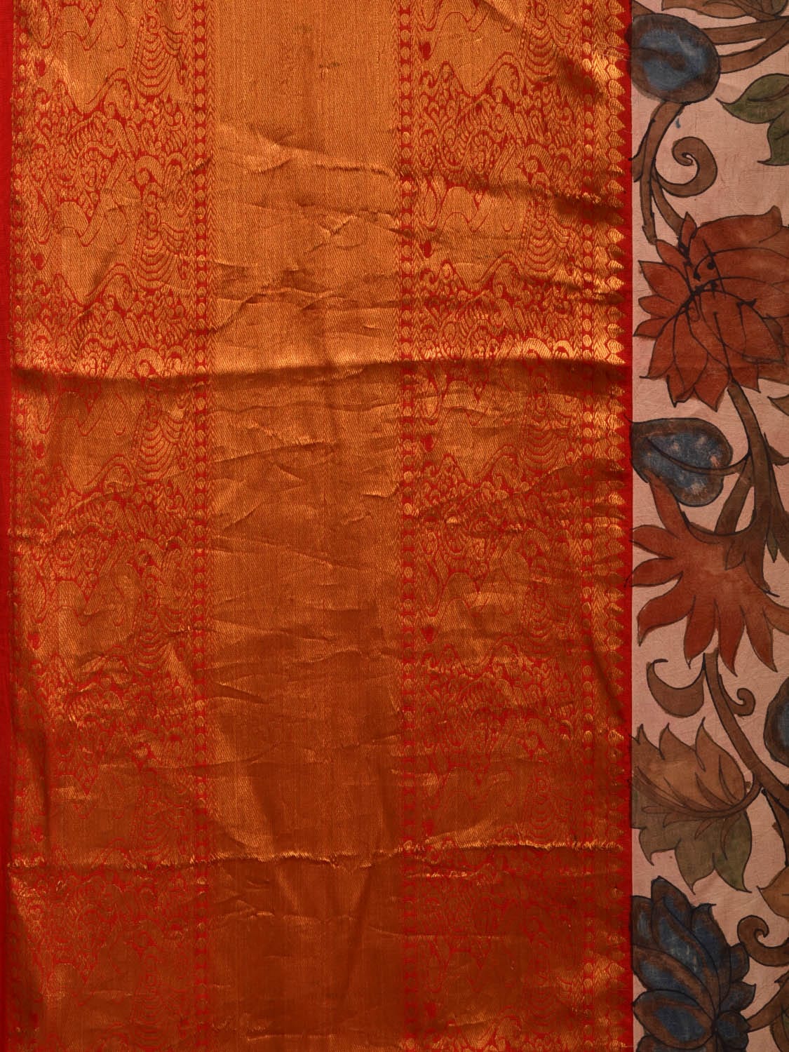 Cream and Red Kalamkari Hand Painted Kanchipuram Silk Handloom Saree with Lotus Flowers Design KL0668