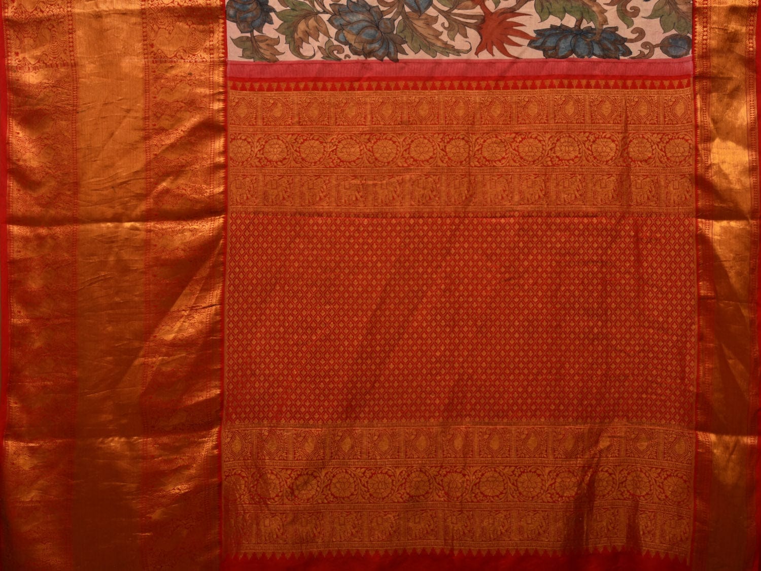 Cream and Red Kalamkari Hand Painted Kanchipuram Silk Handloom Saree with Lotus Flowers Design KL0668