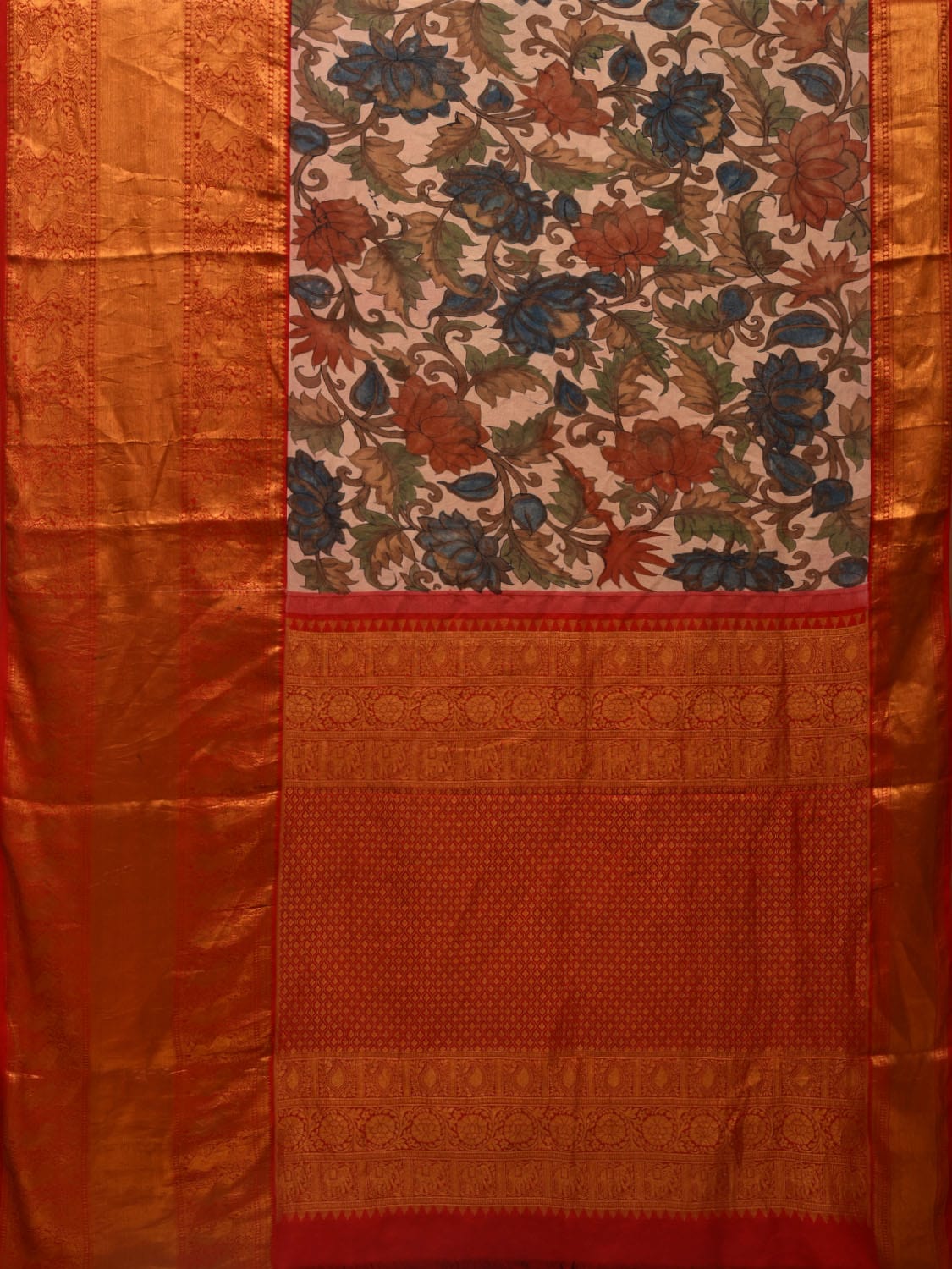 Cream and Red Kalamkari Hand Painted Kanchipuram Silk Handloom Saree with Lotus Flowers Design KL0668