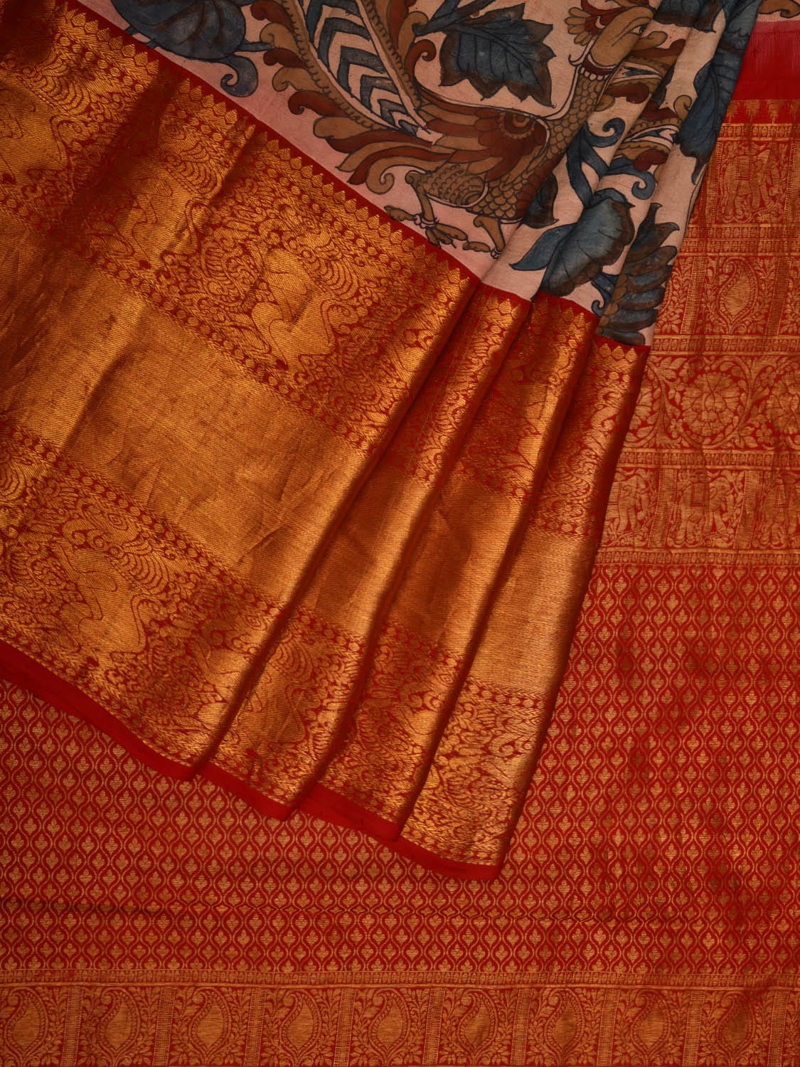 Cream and Red Kalamkari Hand Painted Kanchipuram Silk Handloom Saree with Peacocks and Floral Design KL0666