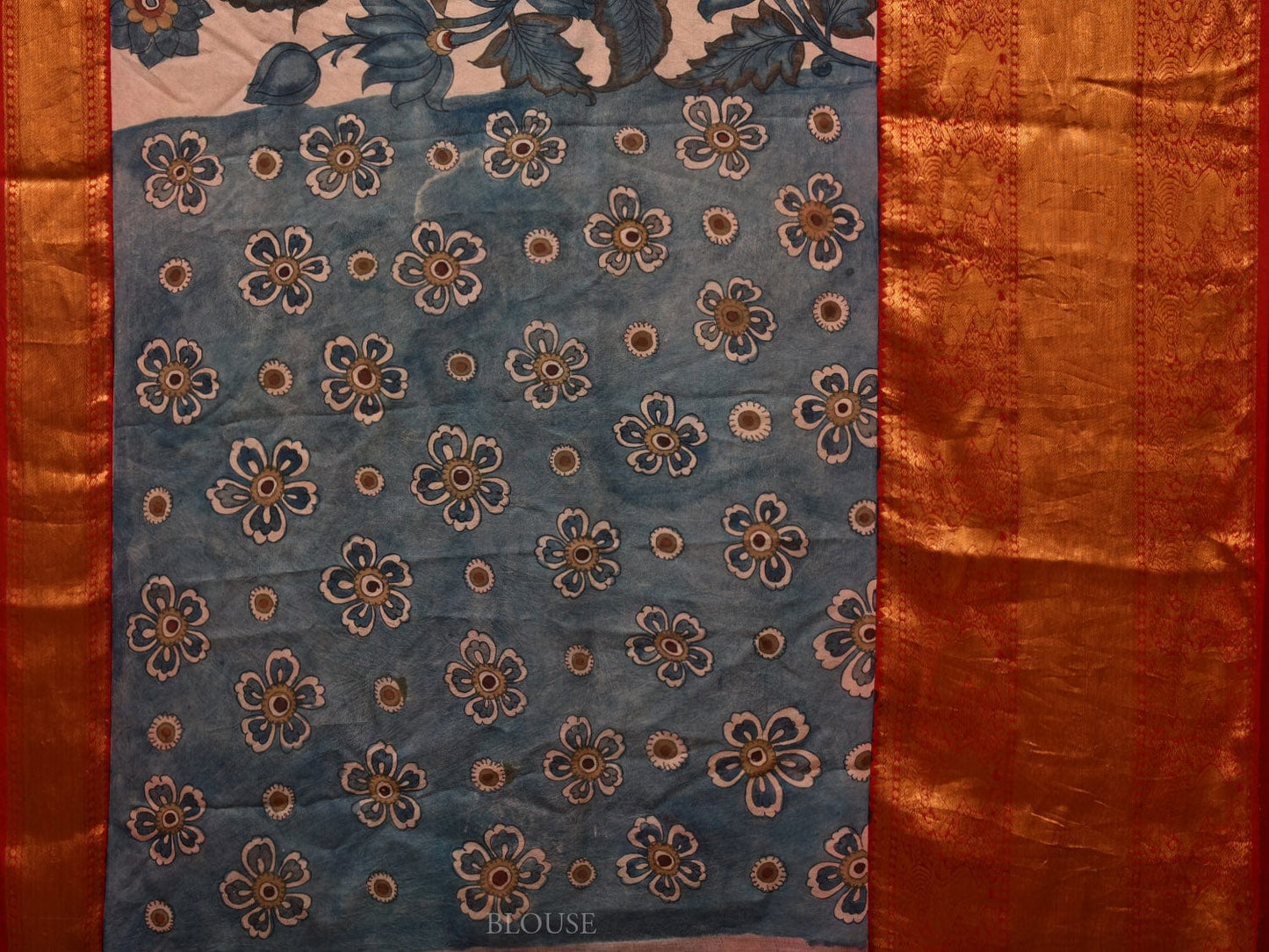 Cream and Red Kalamkari Hand Painted Kanchipuram Silk Handloom Saree with Peacocks and Floral Design KL0666