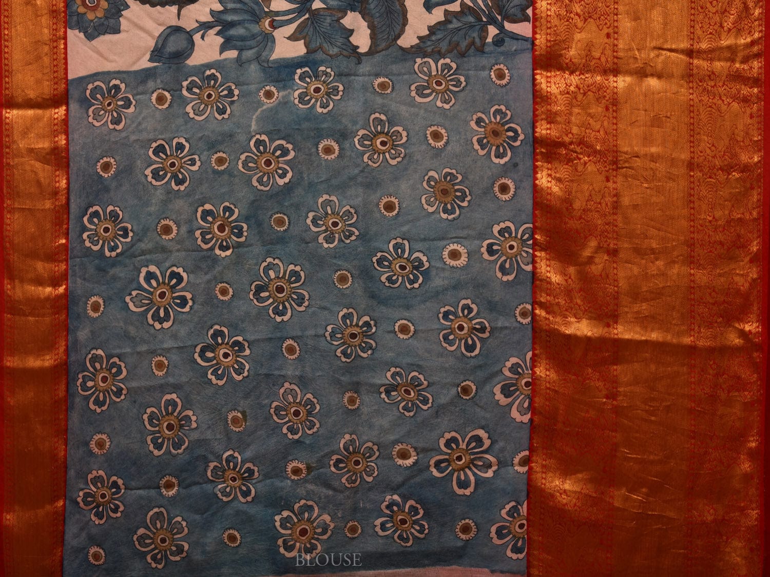 Cream and Red Kalamkari Hand Painted Kanchipuram Silk Handloom Saree with Peacocks and Floral Design KL0666