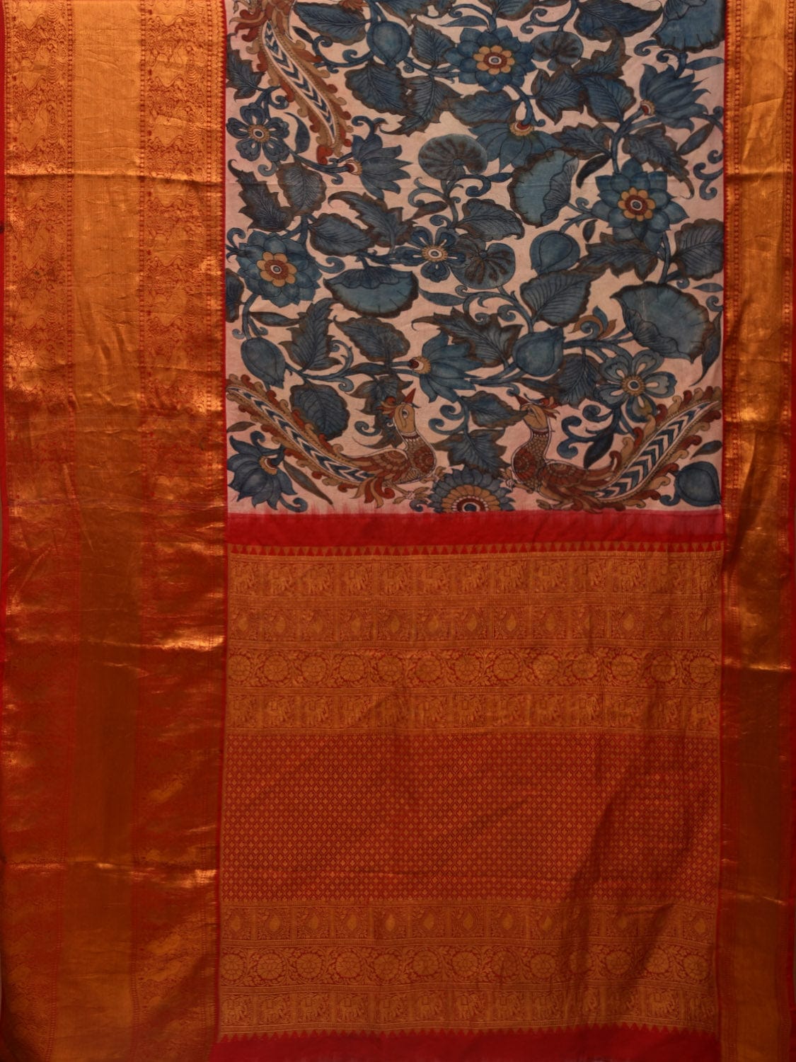 Cream and Red Kalamkari Hand Painted Kanchipuram Silk Handloom Saree with Peacocks and Floral Design KL0666