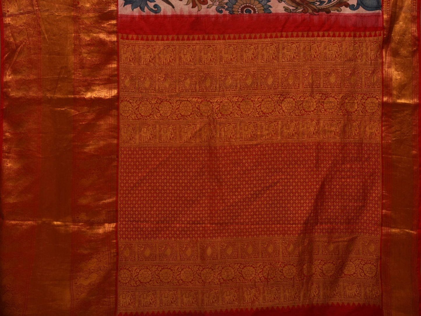 Cream and Red Kalamkari Hand Painted Kanchipuram Silk Handloom Saree with Peacocks and Floral Design KL0666