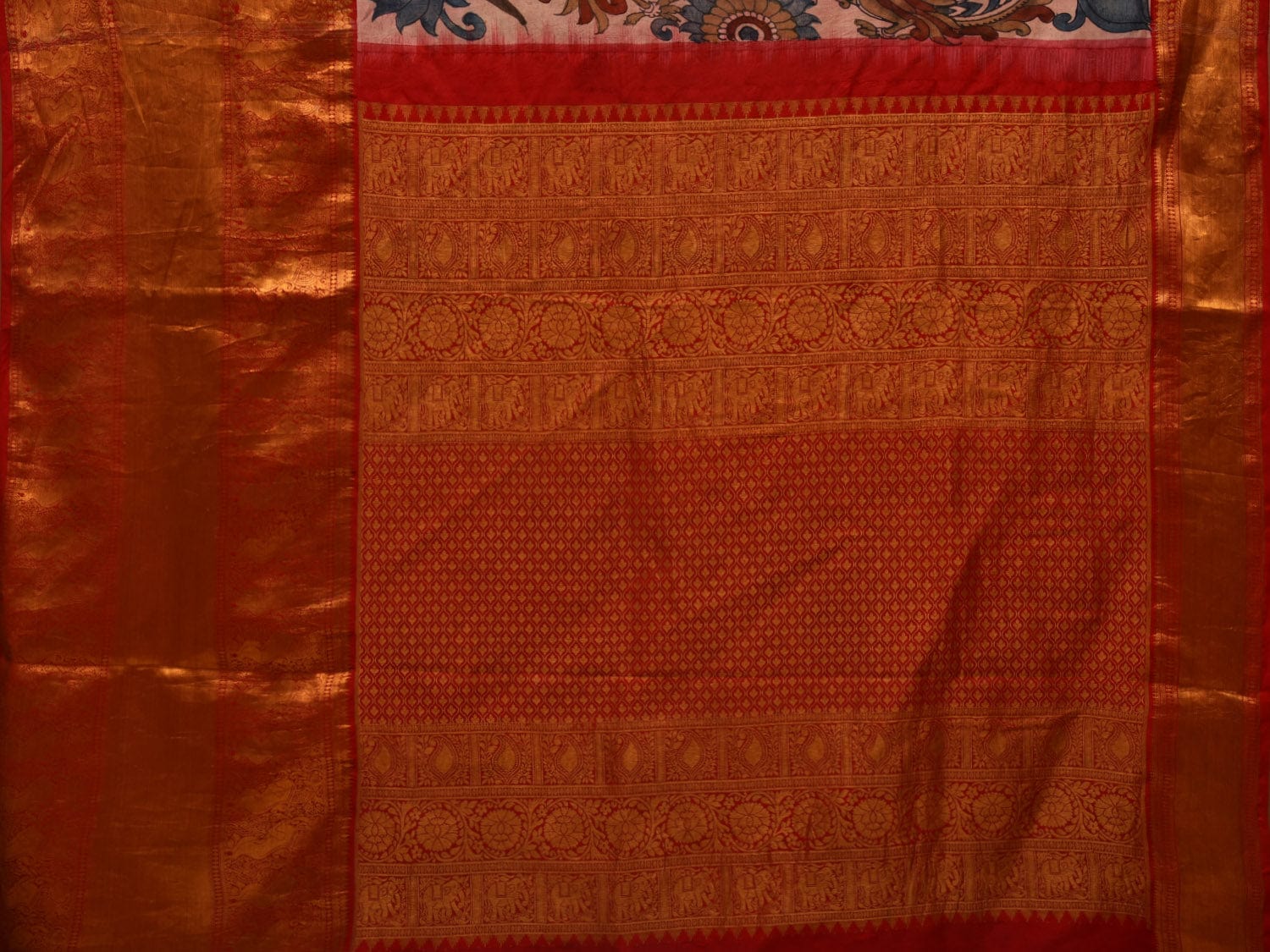 Cream and Red Kalamkari Hand Painted Kanchipuram Silk Handloom Saree with Peacocks and Floral Design KL0666