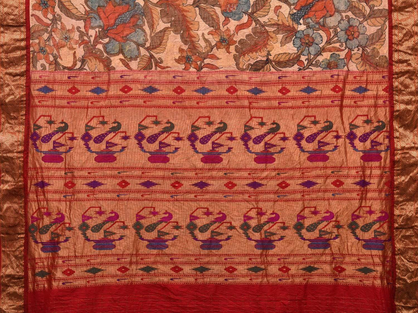 Cream and Red Kalamkari Hand Painted Paithani Silk Handloom Saree with Big Floral Design KL0509