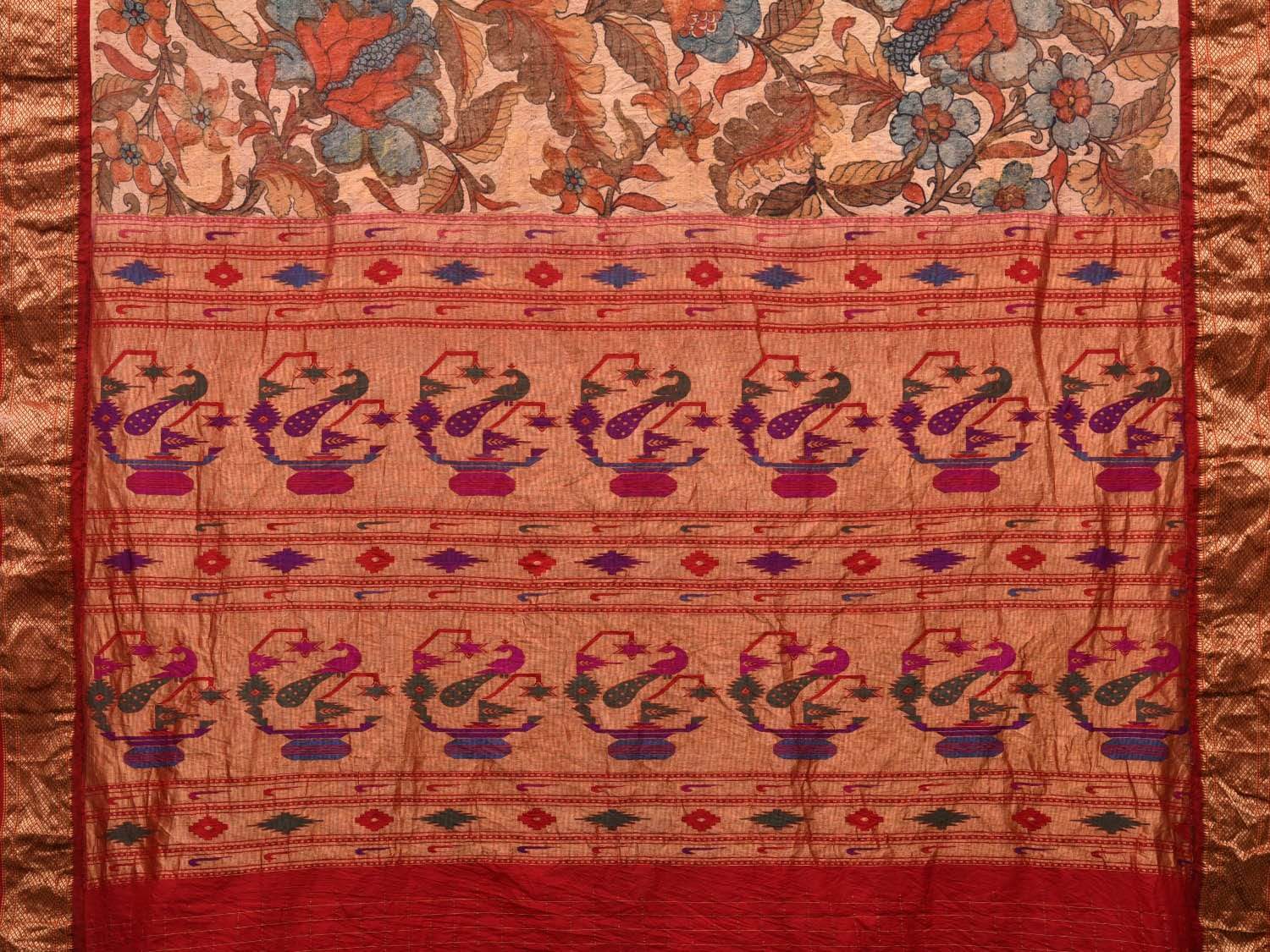 Cream and Red Kalamkari Hand Painted Paithani Silk Handloom Saree with Big Floral Design KL0509