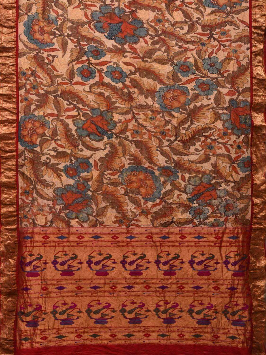 Cream and Red Kalamkari Hand Painted Paithani Silk Handloom Saree with Big Floral Design KL0509