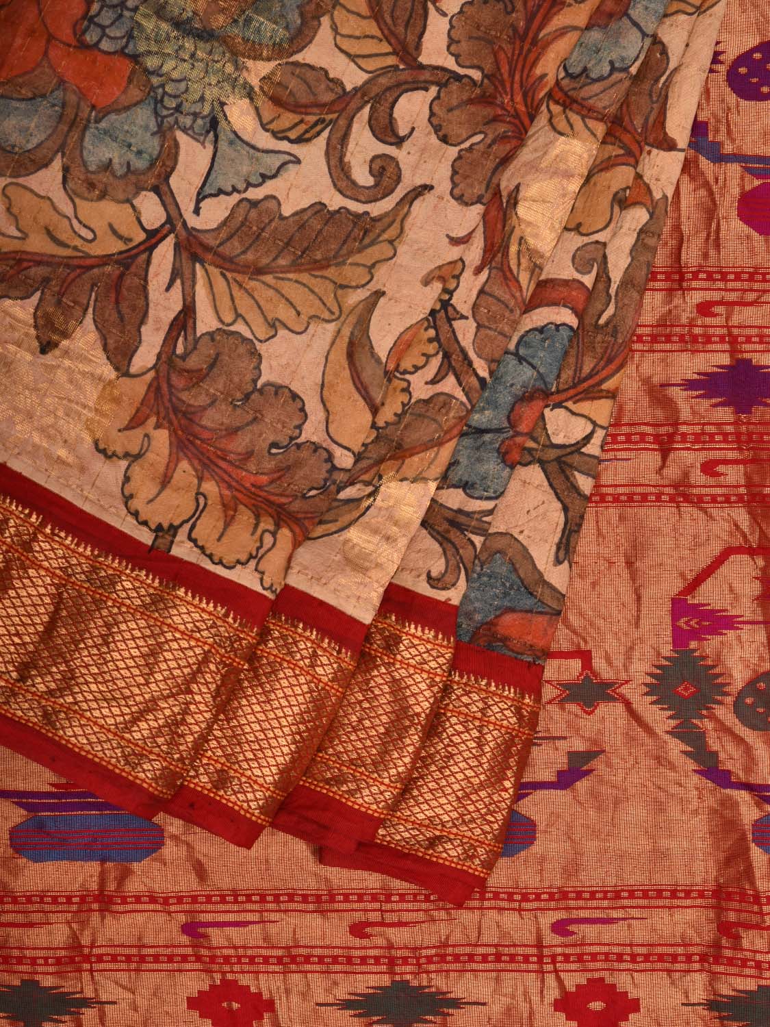 Cream and Red Kalamkari Hand Painted Paithani Silk Handloom Saree with Big Floral Design KL0509