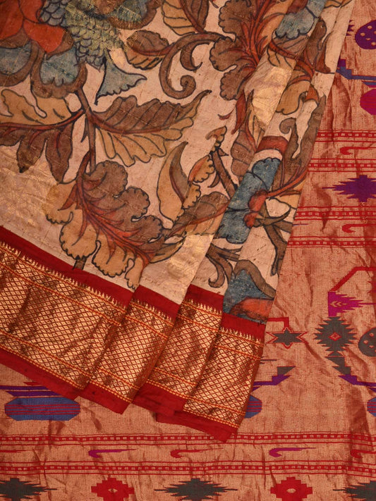 Cream and Red Kalamkari Hand Painted Paithani Silk Handloom Saree with Big Floral Design KL0509