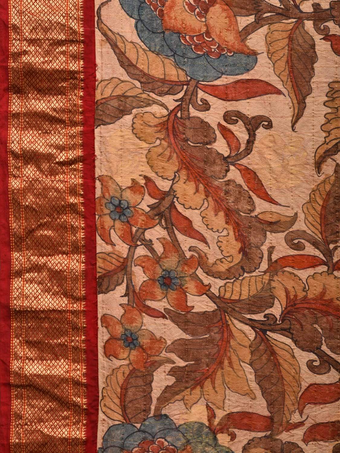 Cream and Red Kalamkari Hand Painted Paithani Silk Handloom Saree with Big Floral Design KL0509