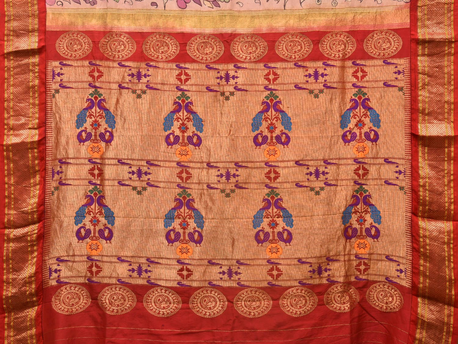 Cream and Red Kalamkari Hand Painted Paithani Silk Handloom Saree with Village Theme Design KL0748