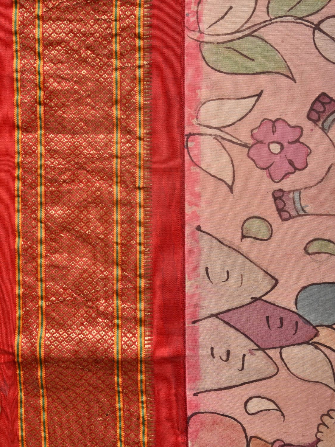 Cream and Red Kalamkari Hand Painted Paithani Silk Handloom Saree with Village Theme Design KL0748