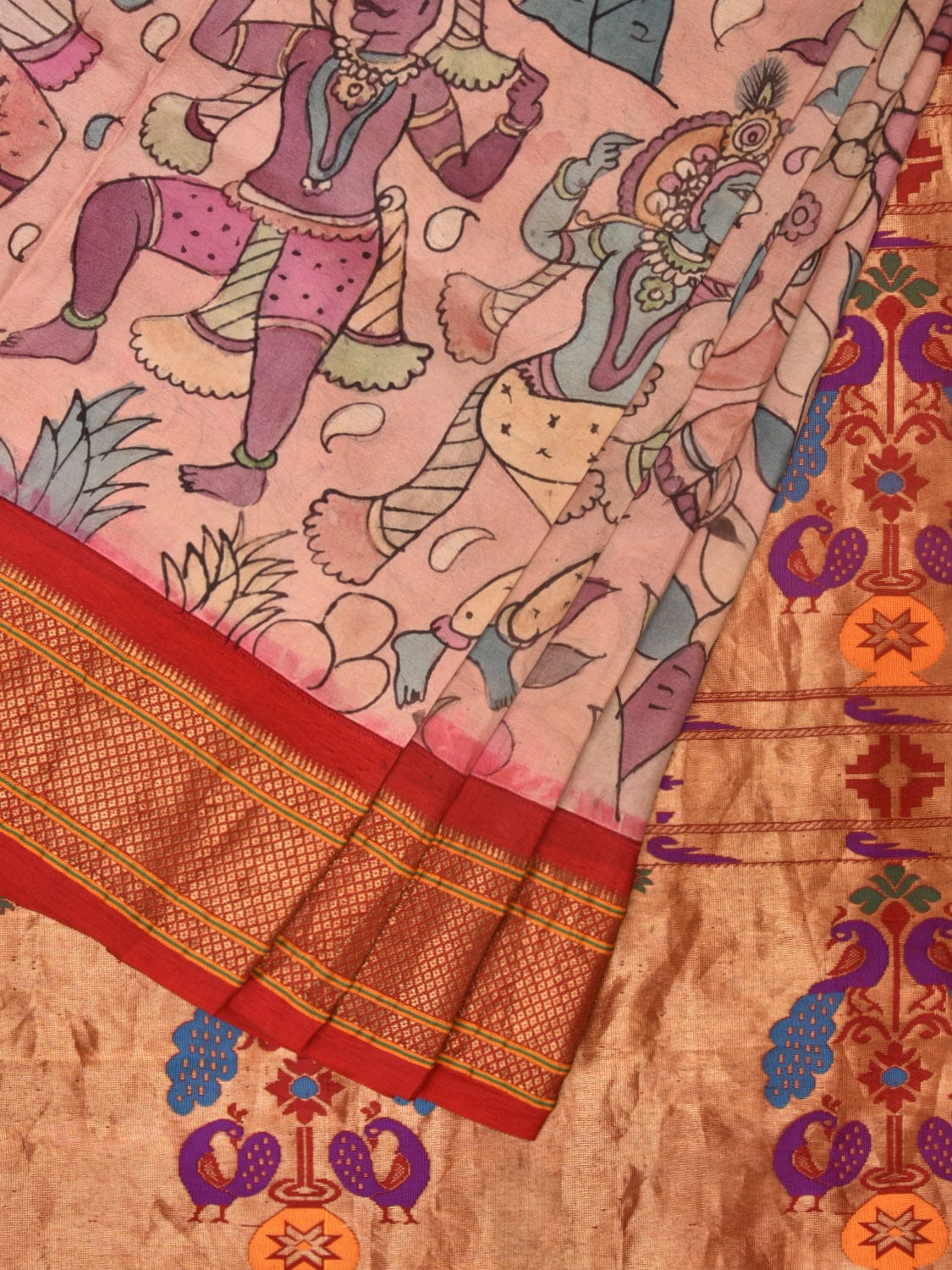 Cream and Red Kalamkari Hand Painted Paithani Silk Handloom Saree with Village Theme Design KL0748